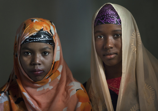 Muslim teenage girls with colorful veils, Lamu County, Lamu, Kenya