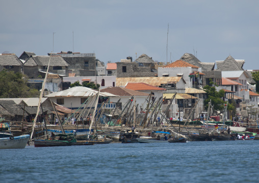 Old town waterfront with dhows in the port, Lamu County, Lamu, Kenya