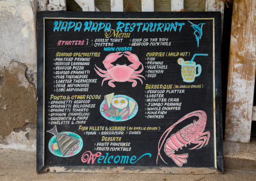 Seafood restaurant menu in the street, Lamu county, Lamu town, Kenya