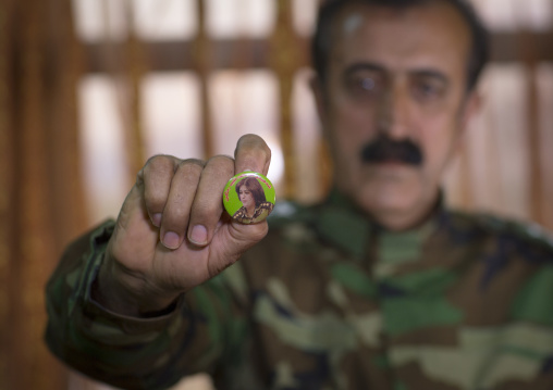 Yousuf Majid With A Badge Of His Dead Daughter Captain Rangin Yousuf Killed By Daesh, Sulaymaniyah, Kurdistan, Iraq