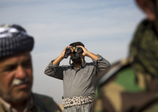 Kurdish Peshmerga With Binoculars On The Frontline, Kirkuk, Kurdistan, Iraq