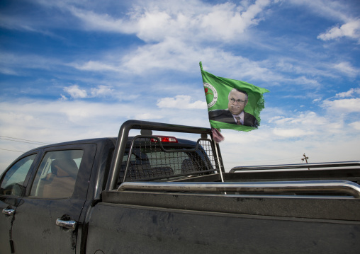 Peshmerga Car With A President Talabani Patriotic Union Of Kurdistan Flag, Kirkuk, Kurdistan, Iraq