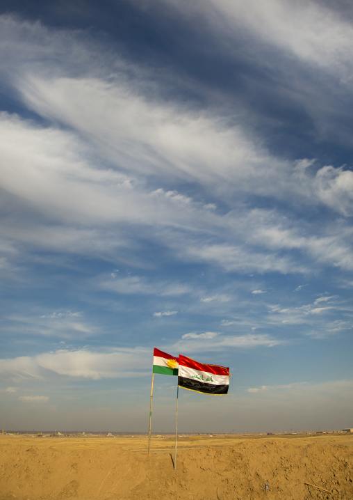 Iraqi And Kurdish Flags On The Frontline, Kirkuk, Kurdistan, Iraq