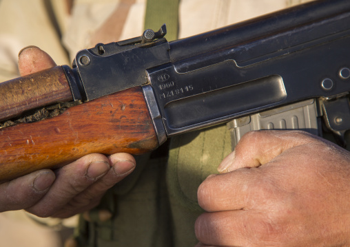 Kurdish Peshmerga Holding 1960 Kalashnikov On The Frontline, Kirkuk, Kurdistan, Iraq