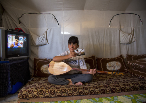 Dylan, A Blind Syrian Refugee Playing Saz In Qushtapa Refugee Camp, Erbil