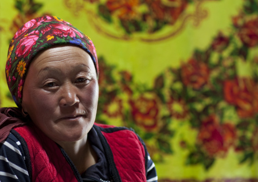 Woman With Headscarf In Her Yurt, Song Kol Lake Area, Kyrgyzstan