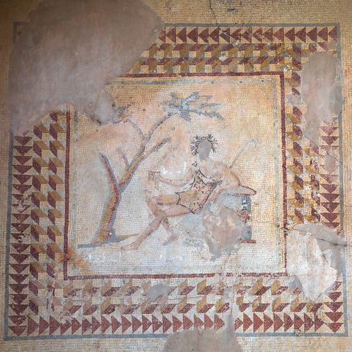 Man on a mosaic in the archaeological site, Beqaa Governorate, Baalbek, Lebanon