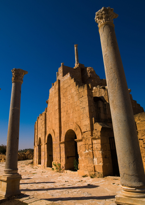 The entrance to the roman theatre in leptis magna, Tripolitania, Khoms, Libya