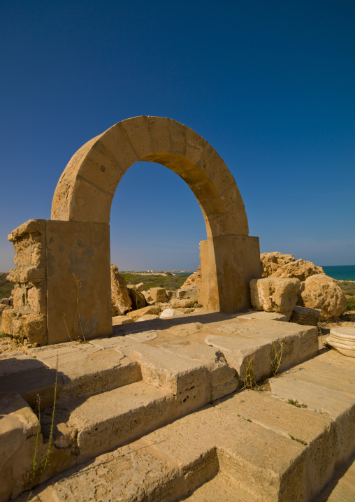 Roman theatre arch in leptis magna, Tripolitania, Khoms, Libya