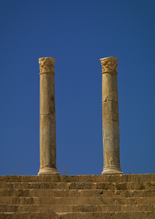 Columns in roman theatre in leptis magna, Tripolitania, Khoms, Libya