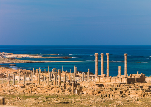 Ruins of a temple in front of the sea, Tripolitania, Sabratha, Libya