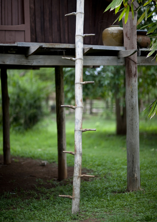 Ladder on a lavae minority house, Tadfan, Laos