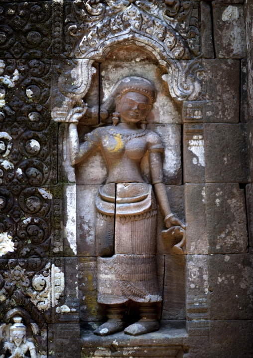 Statue guards temple at wat phu, Champasak, Laos
