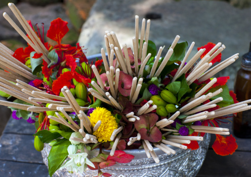 Flower tributes at wat phu, Champasak, Laos