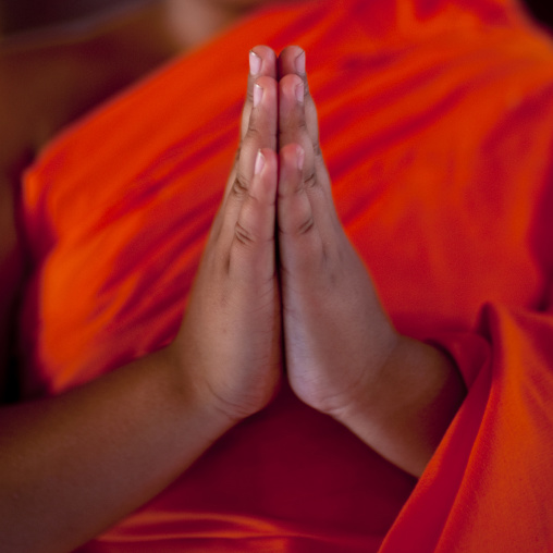 Novice buddhist monk praying, Nam deng, Laos