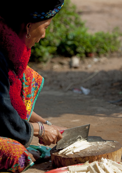 Yao minority woman preparing meal, Ban xay leck, Laos