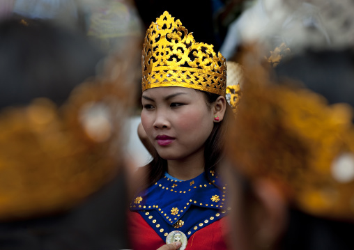 Girl in traditional clothing during pii mai lao new year celebration, Luang prabang, Laos