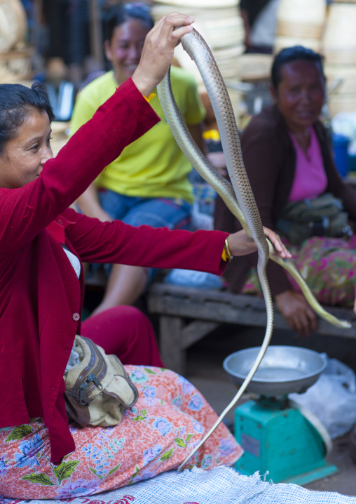 Woman selling snakes, Thakhek, Laos