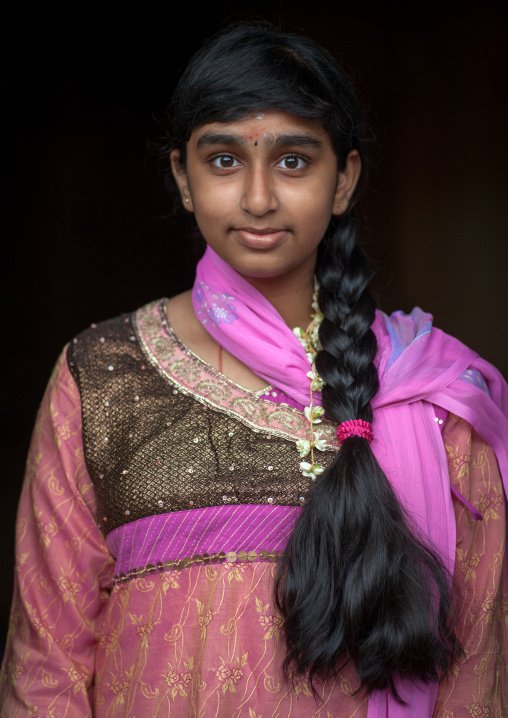 Portrait Of A Girl With Long Hair In Batu Caves In Annual Thaipusam Religious Festival, Southeast Asia, Kuala Lumpur, Malaysia