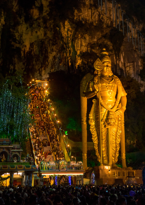 Murugan Statue At Night During The Thaipusam Hindu Festival At Batu Caves, Southeast Asia, Kuala Lumpur, Malaysia