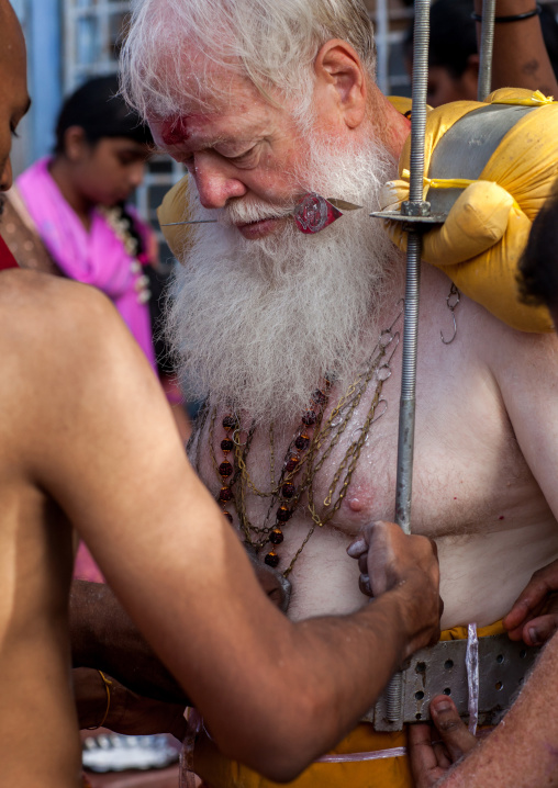 Carl, An Australian Hindu Devotee Preparing His Kavadi In Annual Thaipusam Religious Festival In Batu Caves, Southeast Asia, Kuala Lumpur, Malaysia