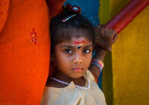 Portrait Of A Girl With Makeup On The Forehead In Batu Caves In Annual Thaipusam Religious Festival, Southeast Asia, Kuala Lumpur, Malaysia