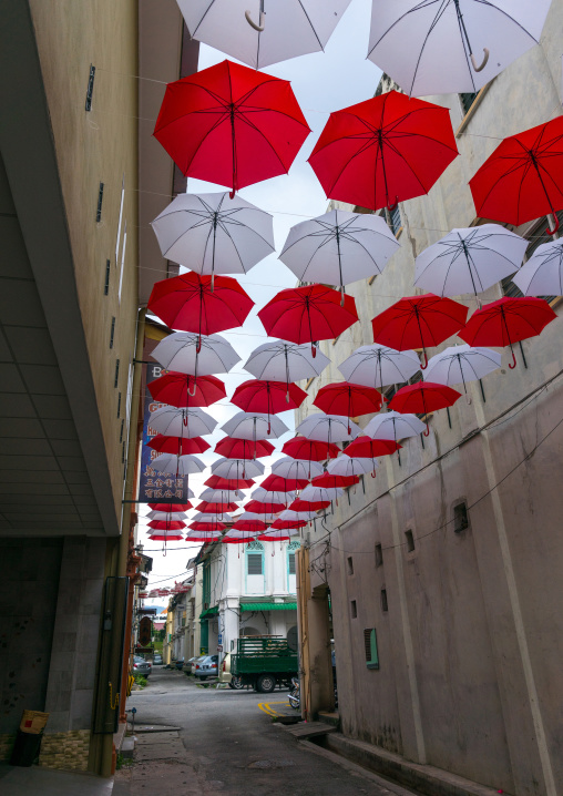 Red And White Umbrellas Above Street, Perak State, Ipoh, Malaysia