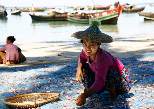 Women Putting Dried Fish In Ngapali, Myanmar