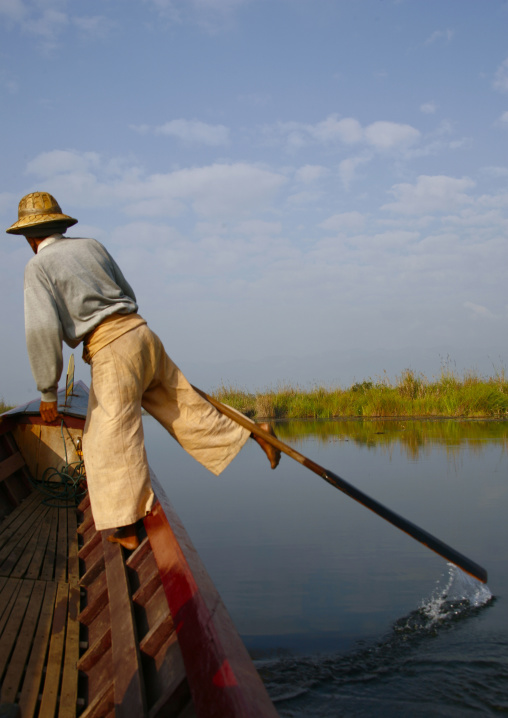 Man Rowing A Fishing Boat, Inle Lake, Myanmar