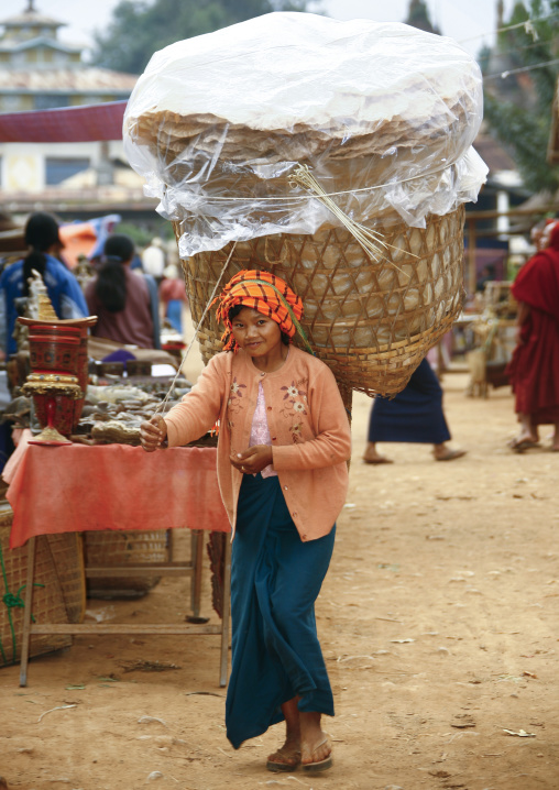 Woman From Taunggyi Carrying Heavy Bag, Myanmar