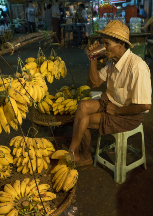 Old Man Selling Bananas In The Night Market, Yangon, Myanmar