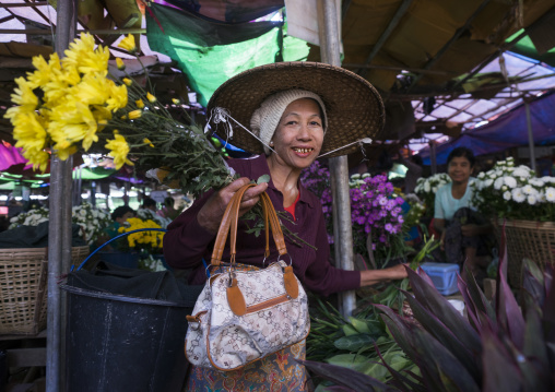 Old Woman In The Flowers Market, Thandwe, Myanmar