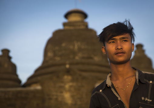 Brumese Man In Front Of A Buddhist Temple, Mrauk U, Myanmar