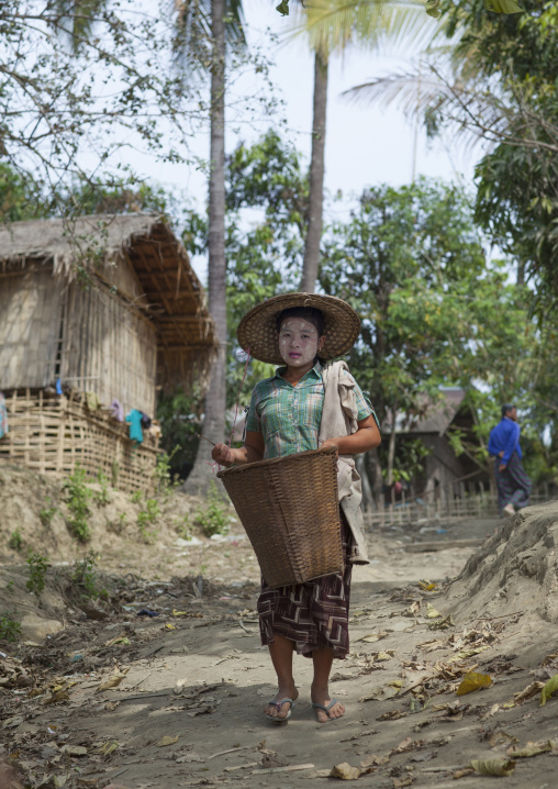 Woman With Conical Hat Carrying A Basket, Mrauk U, Myanmar