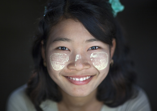 Smiling Burmese Girl With Thanaka On The Face, Mrauk U, Myanmar