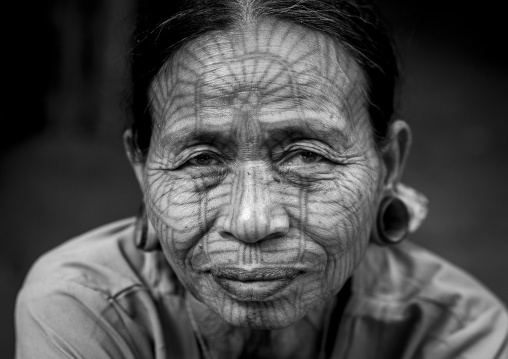 Tribal Chin Woman With Spiderweb Tattoo On The Face, Mrauk U, Myanmar