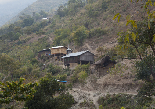Typical Bamboo Houses In The Hills, Mindat, Myanmar