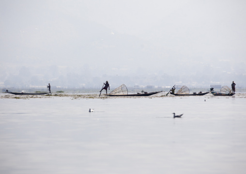Traditional Fishermen With Fish Trap In Boat, Inle Lake, Myanmar