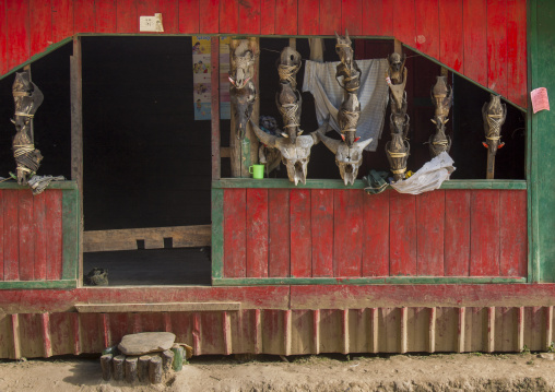 Buffalos And Gaurs Skulls On A Chin House, Mindat, Myanmar