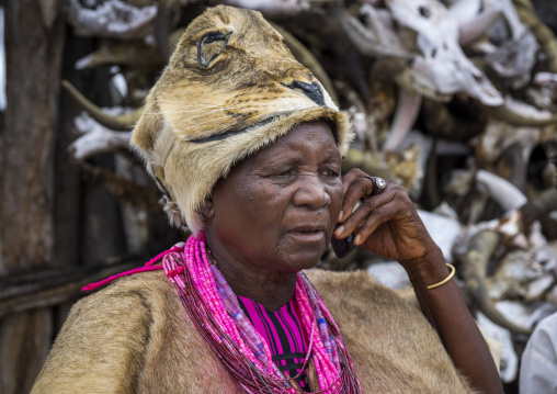 The Queen Of The Okwanyama On The Phone, Omhedi, Namibia