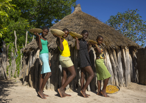 Ovambo Girls Holding A Basket Of Seeds, Ondangwa, Namibia