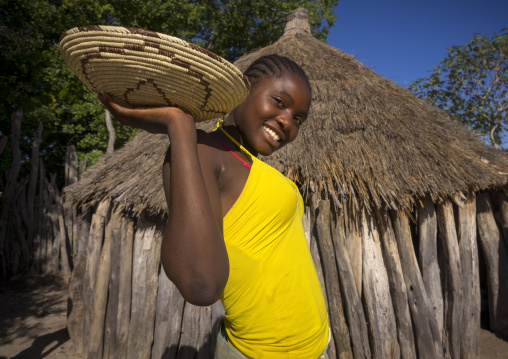 Ovambo Girl Holding A Basket Of Seeds, Ondangwa, Namibia