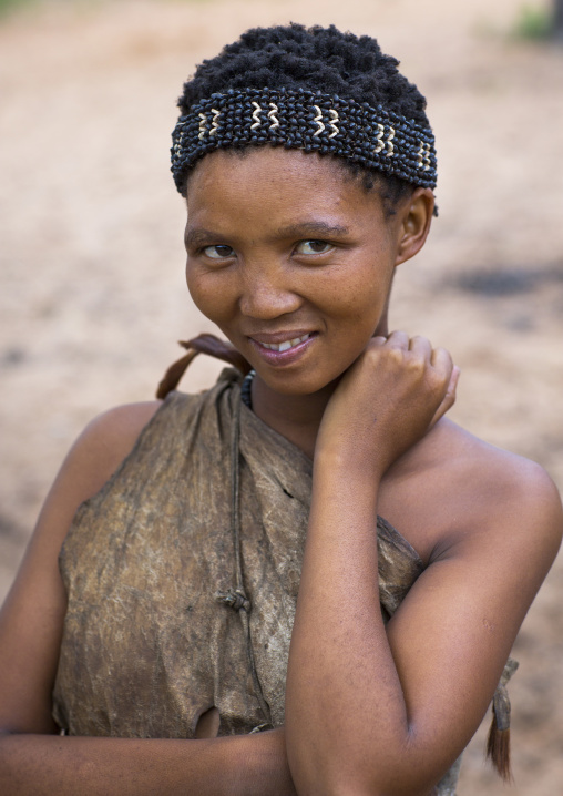 Bushman Woman With Beaded Traditional Headdress, Tsumkwe, Namibia