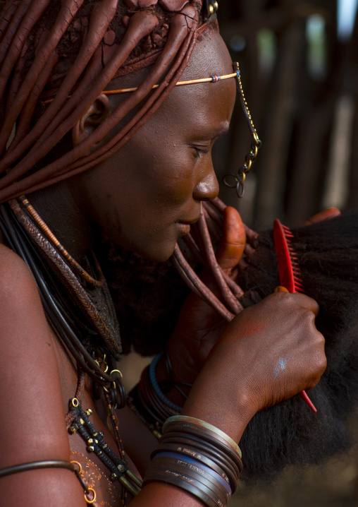 Himba Woman Taking Care Of Her Hair, Epupa, Namibia