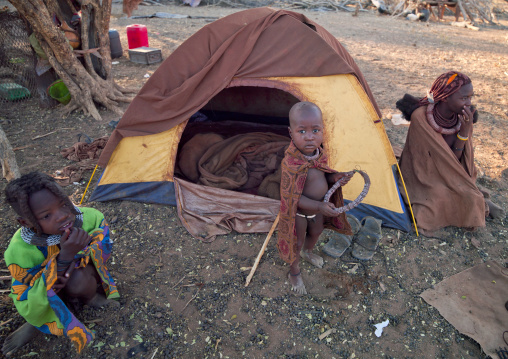 Himba Children In Front Of A Modern Tent, Namibia