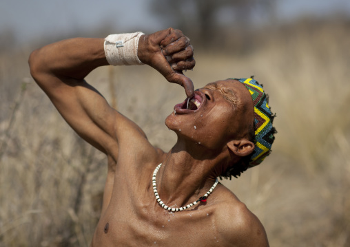 San Man Drinking Water From The Water Tuber, Namibia