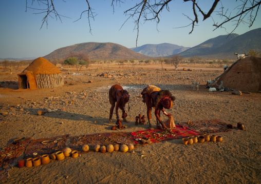 Himba Girls Displaying Souvenirs For Tourists, Okapale Area, Namibia