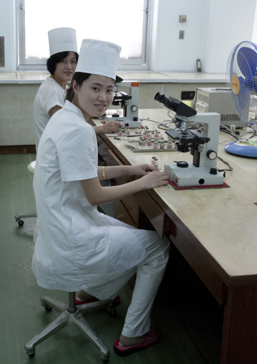 Laboratory assistants with stethoscopes in a maternity hospital, Pyongan Province, Pyongyang, North Korea