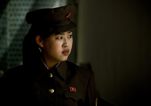 North Korean woman guard in central history museum, Pyongan Province, Pyongyang, North Korea