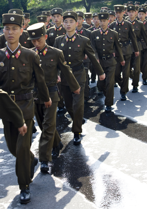 North Korean soldiers marching in the street, Pyongan Province, Pyongyang, North Korea